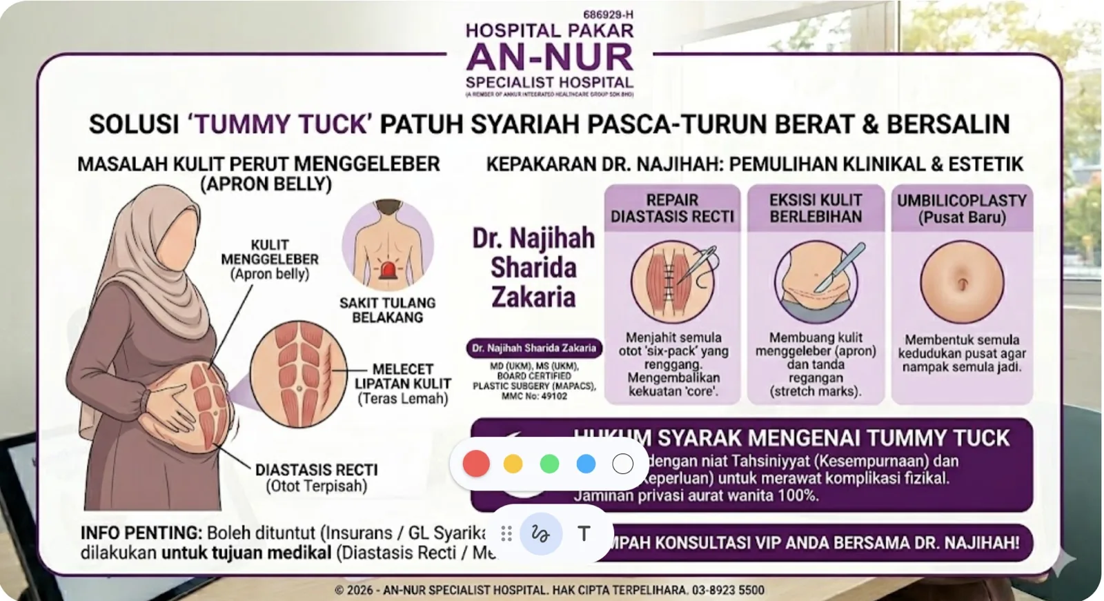 Infografik solusi Tummy Tuck patuh syariah Hospital Pakar An-Nur — pembaikan Diastasis Recti, eksisi kulit menggeleber (apron belly), dan umbilicoplasty pasca-bersalin oleh Dr. Najihah Sharida Zakaria