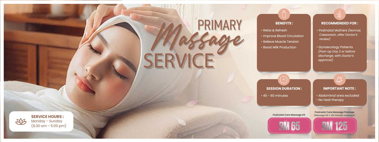 Primary Massage Service untuk Postnatal Mothers — RM65/RM125