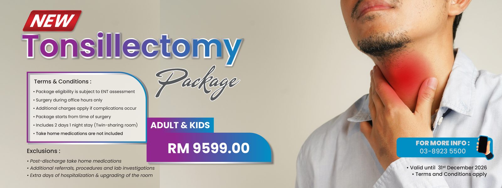 Tonsillectomy Package Adult & Kids — RM9599 termasuk 2 hari 1 malam